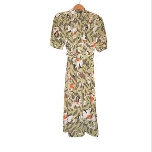 Tropical Bloom Camouflage Floral Green Printed Dress with Pleats & Puff Sleeves